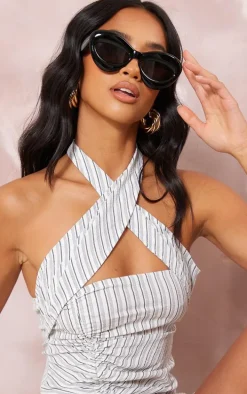 Petite Grey Stripe Textured Wrap Neck Ruched Bodycon Dress