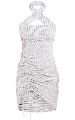 Petite Grey Stripe Textured Wrap Neck Ruched Bodycon Dress