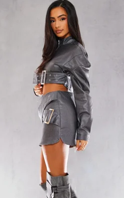 Petite Gunmetal Grey Metallic Coated Denim Buckle Detail Cropped Jacket
