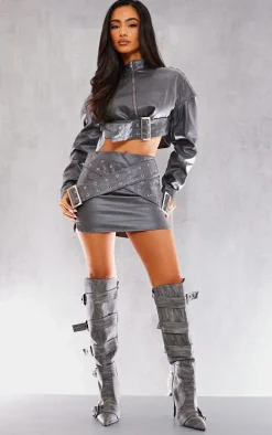 Petite Gunmetal Grey Metallic Coated Denim Buckle Detail Cropped Jacket