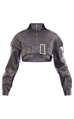 Petite Gunmetal Grey Metallic Coated Denim Buckle Detail Cropped Jacket