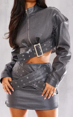 Petite Gunmetal Grey Metallic Coated Denim Buckle Detail Mini Skirt