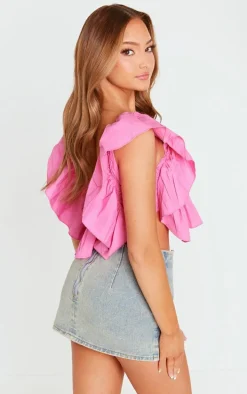 Petite Hot Pink Padded Cup Cotton Frill Detail Crop Top