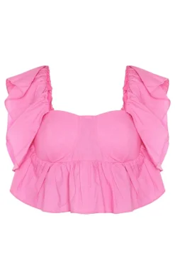 Petite Hot Pink Padded Cup Cotton Frill Detail Crop Top
