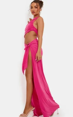 Petite Hot Pink Slinky Cut Out Maxi Dress