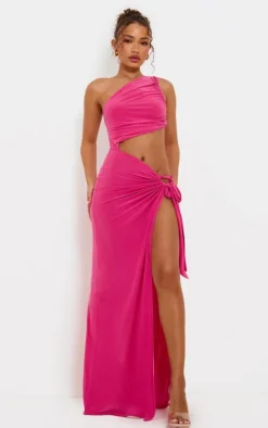 Petite Hot Pink Slinky Cut Out Maxi Dress