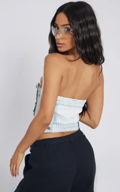 Petite Ice Blue Denim Corset Top With Button Detailing