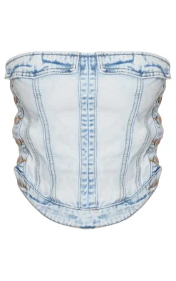 Petite Ice Blue Denim Corset Top With Button Detailing