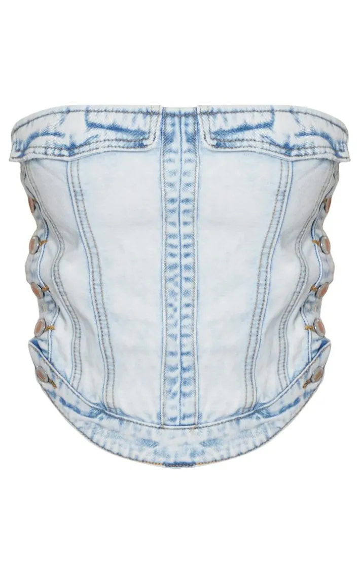 Petite Ice Blue Denim Corset Top With Button Detailing