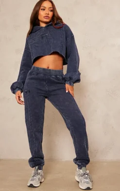 Petite Indigo Acid Wash Seam Detail Cuffed Sweatpants