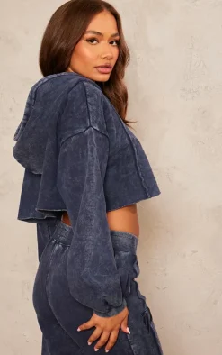Petite Indigo Acid Wash Seam Detail Cropped Hoodie