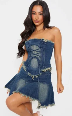Petite Indigo Blue Wash Frayed Hem Denim Corset