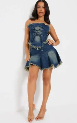 Petite Indigo Blue Wash Frayed Hem Denim Corset