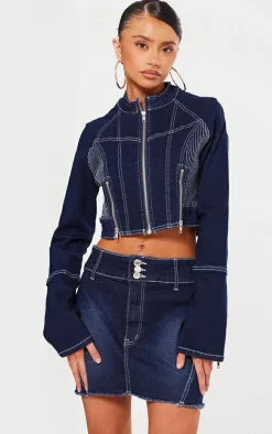 Petite Indigo Stitch Detail Mini Skirt