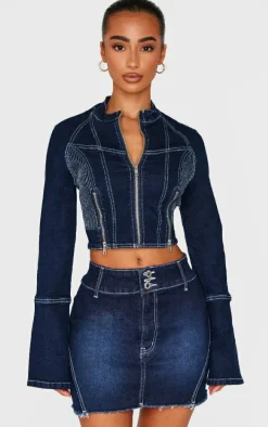 Petite Indigo Stitch Detail Zip Cropped Denim Jacket