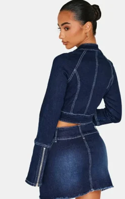 Petite Indigo Stitch Detail Zip Cropped Denim Jacket