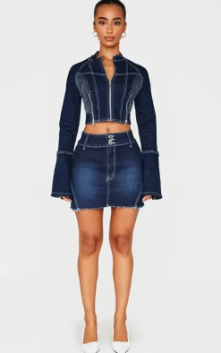 Petite Indigo Stitch Detail Zip Cropped Denim Jacket
