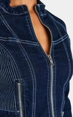 Petite Indigo Stitch Detail Zip Cropped Denim Jacket