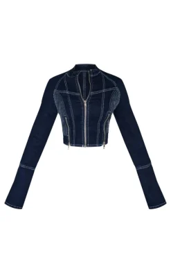 Petite Indigo Stitch Detail Zip Cropped Denim Jacket