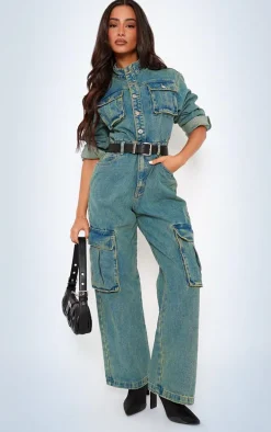 Petite Indigo Vintage Wash Denim Cargo Wide Leg Jumpsuit