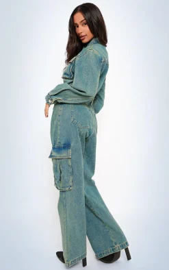 Petite Indigo Vintage Wash Denim Cargo Wide Leg Jumpsuit