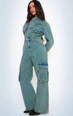 Petite Indigo Vintage Wash Denim Cargo Wide Leg Jumpsuit