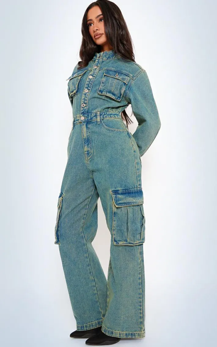 Petite Indigo Vintage Wash Denim Cargo Wide Leg Jumpsuit