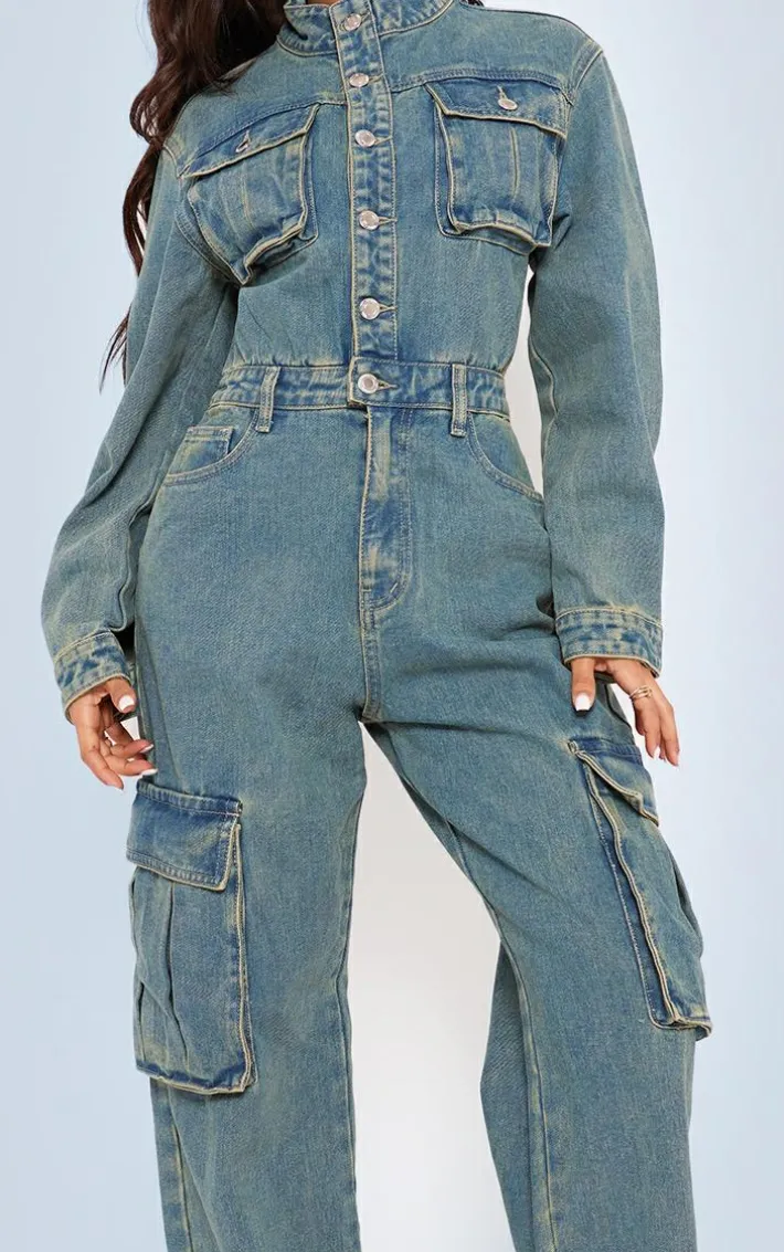 Petite Indigo Vintage Wash Denim Cargo Wide Leg Jumpsuit