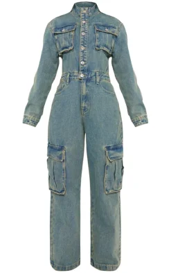 Petite Indigo Vintage Wash Denim Cargo Wide Leg Jumpsuit