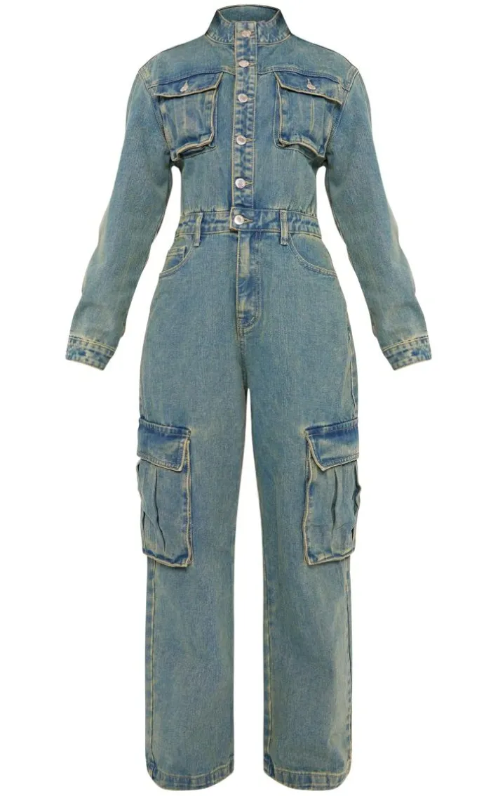 Petite Indigo Vintage Wash Denim Cargo Wide Leg Jumpsuit