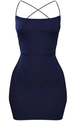 Petite Ink Blue Ribbed Lace Up Back Bodycon Dress