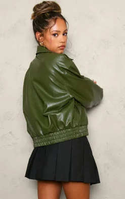 Petite Khaki Faux Leather Oversized Bomber Jacket