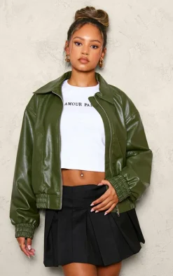 Petite Khaki Faux Leather Oversized Bomber Jacket