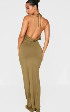Petite Khaki Halterneck Twist Detail Maxi Dress