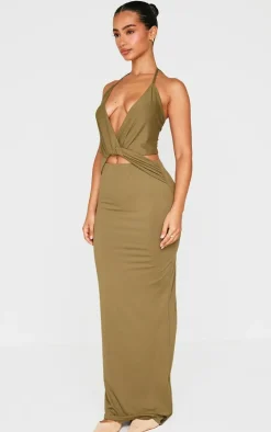 Petite Khaki Halterneck Twist Detail Maxi Dress