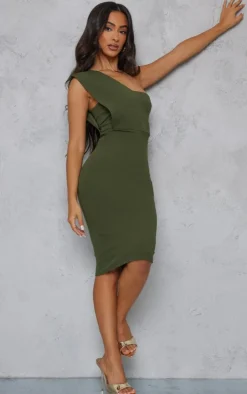 Petite Khaki One Shoulder Drape Midi Dress