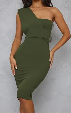 Petite Khaki One Shoulder Drape Midi Dress
