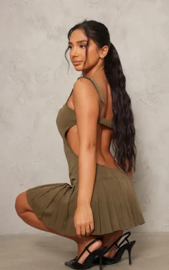 Petite Khaki Strappy Cut Out Back Pleated Mini Dress