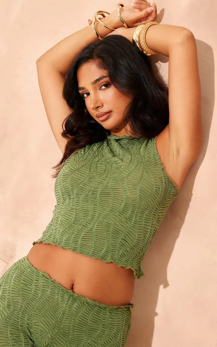 Petite Khaki Textured Racer Crop Top