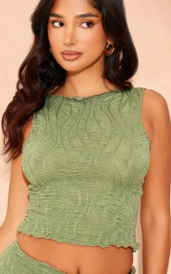 Petite Khaki Textured Racer Crop Top