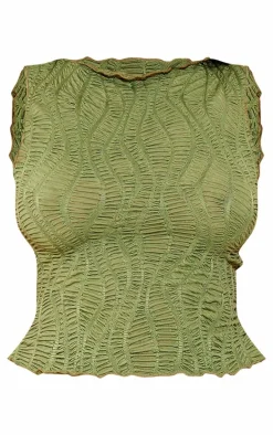 Petite Khaki Textured Racer Crop Top