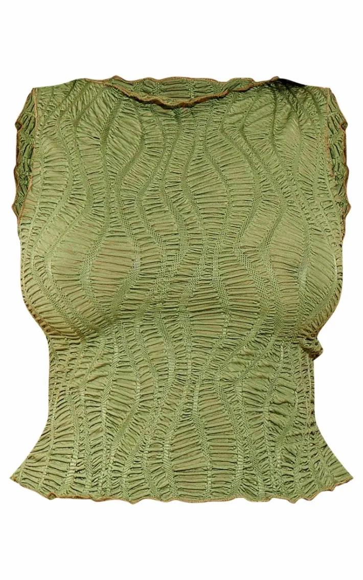 Petite Khaki Textured Racer Crop Top