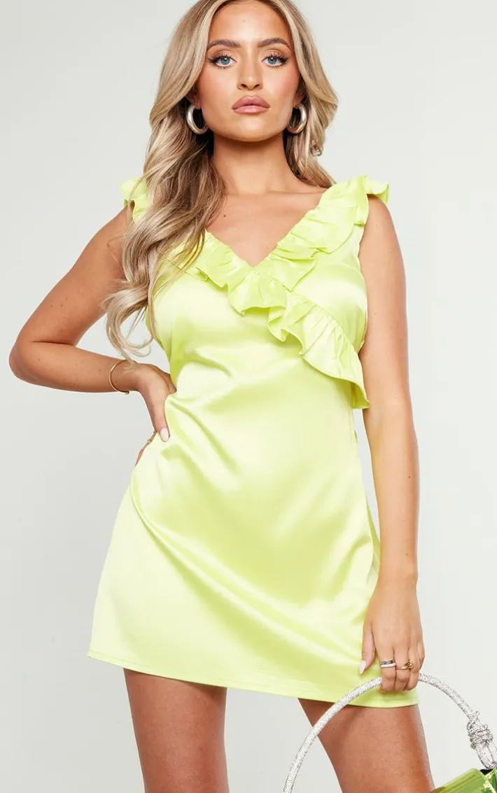 Petite Lemon Frilled Satin Mini Dress