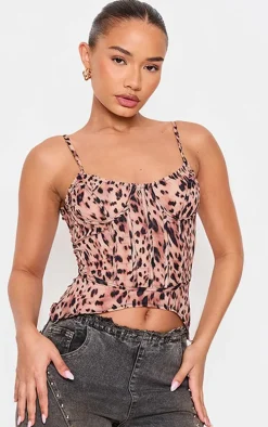Petite Leopard Print Corset Detail Strappy Chiffon Top