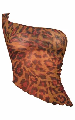 Petite Leopard Print Crushed Mesh One Shoulder Top