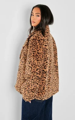 Petite Leopard Print Faux Fur Longline Jacket
