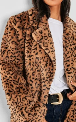 Petite Leopard Print Faux Fur Longline Jacket
