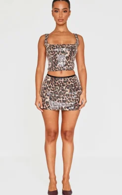 Petite Leopard Print Square Neck Sequin Crop Top