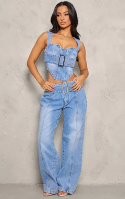 Petite Light Blue Denim Buckle Detail Corset Top