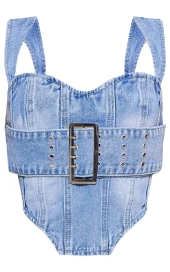 Petite Light Blue Denim Buckle Detail Corset Top